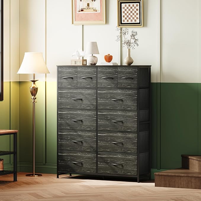 WLIVE Storage Organizer Unit with 12 Fabric Bins, Storage Drawers Organizer with Steel Frame, Tall Storage Tower Organizaton for Living Room, Hallway, Office, Charcoal Black Wood Grain Print