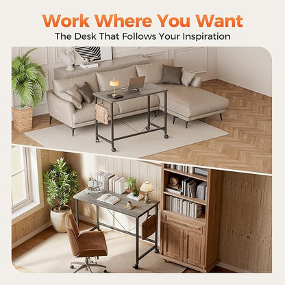 Rolling Computer Desk with Wheels, Gaming Desk for Small Spaces, Modern Simple Style Table for Home Office, Study Writing Table (Caster, Stone Gray, 24 inch)