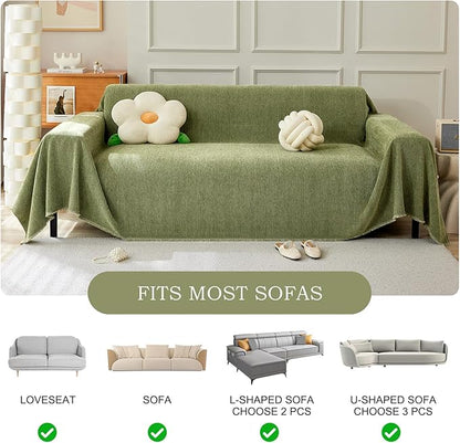 STACYPIK Christmas Matcha Green Sofa Cover Chenille Couch Covers Herringbone Sofa Covers for 3 Cushion Couch Thick Couch Covers Blanket Wear-Resistant Furniture Cover for Kids Dogs Decor-91X134IN