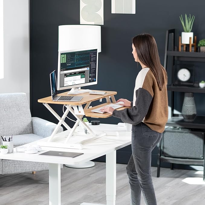 VIVO 32 inch Desk Converter, K Series, Height Adjustable Sit to Stand Riser, Dual Monitor and Laptop Workstation with Wide Keyboard Tray, Bamboo Top, White Frame, DESK-V000KO
