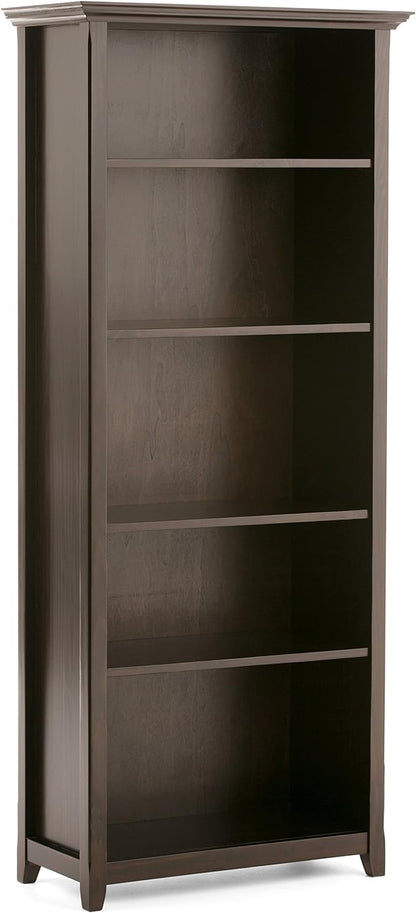 SIMPLIHOME Amherst Bookcase - 70 inch Tall 5-Shelf Solid Wood Bookshelf in Hickory Brown, Transitional Storage for Living Room, Study Room or Office with Adjustable Shelves and Tapered Legs