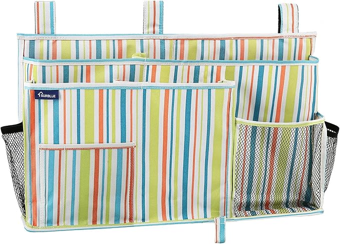 Surblue Bedside Caddy Hanging Bed Organizer Storage Bag Pocket for Bunk and Hospital Beds, College Dorm Rooms Baby Bed Rails, Camp 8 Pockets, (Large, Green Stripe)