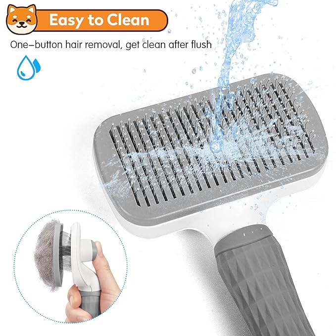 Dog & Cat Brush, Self Cleaning Slicker Brush for Pets, Upgraded Dog Brush for Shedding Massaging and Grooming, Removes Loose Undercoat & Portable Comb for Long Short Haired Dogs(Gray)