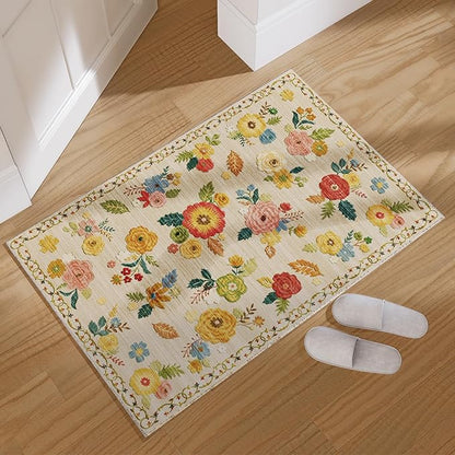 Washable Small Entryway Area Rugs: 2'x3' Floral Rug Non Slip Door Mat Indoor Entrance Stain Resistance Low Pile Throw Rugs for Inside Front Door Floor Bedroom Bedside Kitchen Nursery Dorm Home Entry