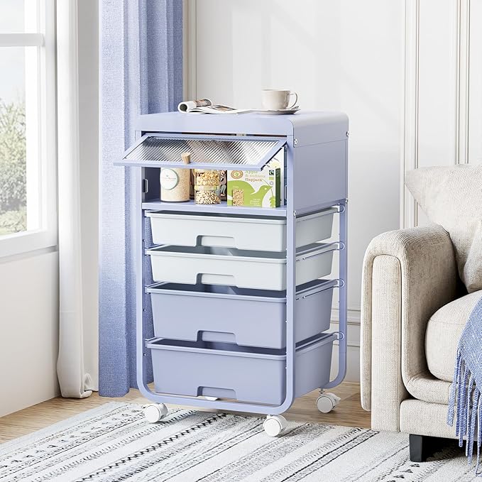 Utility-Rolling-Storage-Drawer-Craft-Cart-Organizers with 4 Drawers & Dust-Proof Door for Kid Craft Art Room,Bedroom,Home Office, Lavender Purple