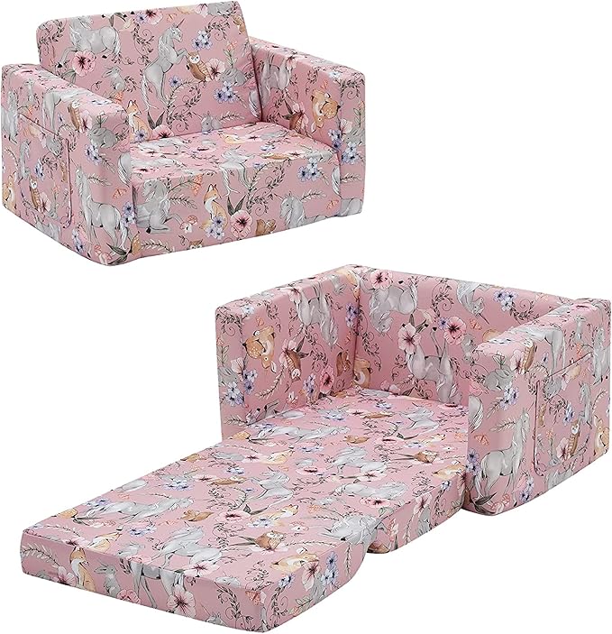 Ulax furniture Kids Convertible Sofas Children Flip-Out Sofa - 2-in-1 to Lounge Chair (Pink Unicorn)