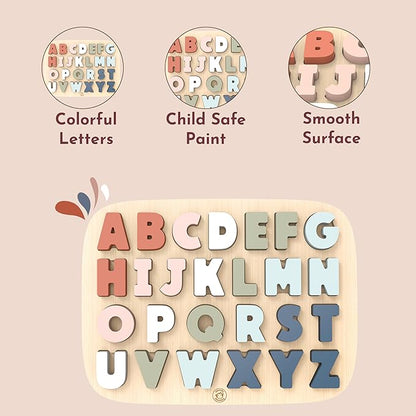 Speedy Monkey Colorful Wooden Alphabet Puzzle | Non Toxic, Child-Safe Paint, Learning Toy for Kids, Educational Fun, Easy-Grasp Letters, Enhances Fine Motor Skills
