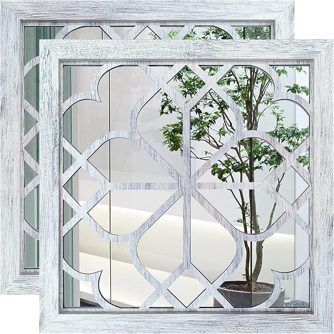 Wocred 2 PCS Square Wall Mirror,Gorgeous Rustic Farmhouse Accent Mirror,Rustic White Color Entry Mirror for Bathroom Renovation,Bedrooms,Living Rooms and More(16”x16”)