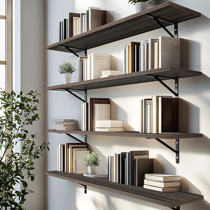 Kaboon 36 inch Long 10 inch Deep Floating Shelves for Wall Set of 2, Large Open Shelves Wall Mounted, Space Saving Home and Commercial Use, Eucalyptus