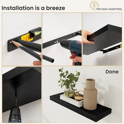 Fun Memories Floating Shelves for Wall, Rustic Wood Wall Mounted Shelves for Bathroom, Bedroom, Living Room & Kitchen, Storage Display Shelves, (Set of 2, Black, 30 in)