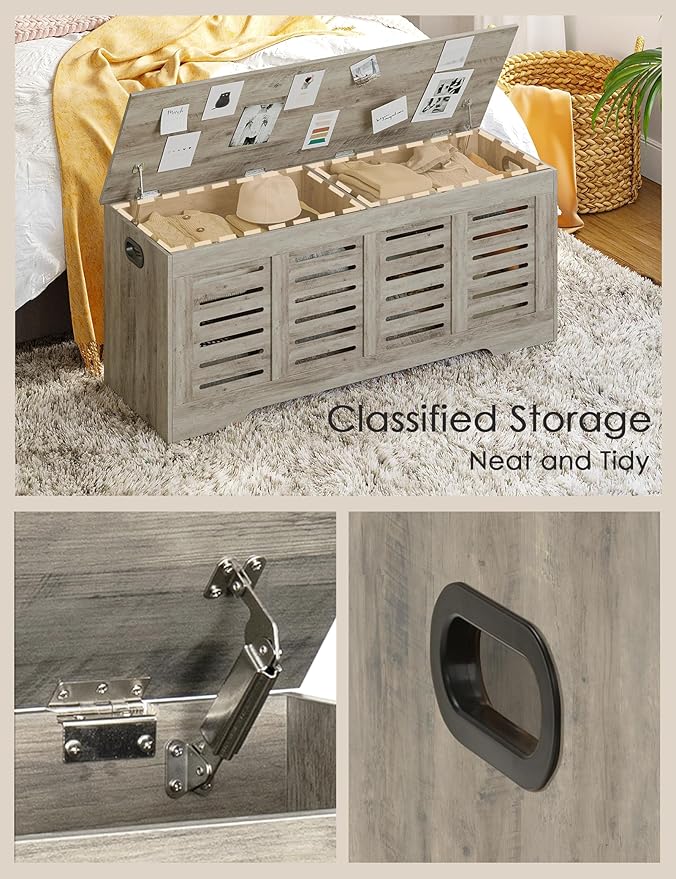 DINZI LVJ Storage Chest, 47.3” Wooden Toy Box with 2 Safety Hinges, Retro Entryway Shoe Storage Bench with Flip-Top, Sturdy Large Storage Trunk for Living Room, Bedroom, Easy Assembly, Gray Wash