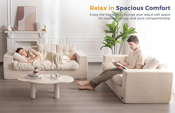 MAXYOYO 3 Seater Couch for Living Room, Boneless Couch with Tufted Cushion & Backrest, Upholstered Floor Sofa with Armrests, Sofa in A Box, No Assembly Required, Beige