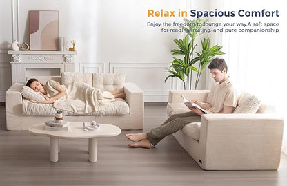 MAXYOYO 3 Seater Couch for Living Room, Boneless Couch with Tufted Cushion & Backrest, Upholstered Floor Sofa with Armrests, Sofa in A Box, No Assembly Required, Beige