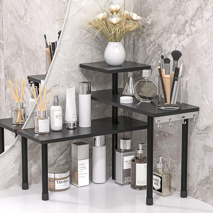 JayRex Countertop Corner Shelf, 3 Tier Shelf Moveable Organizer for Bathroom Counter, Make Up, Dresser Table, Desktop Shelf (Black)