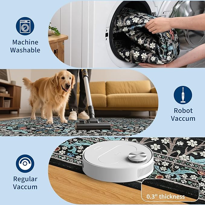 GarveeHome 8x10 Area Rugs, Washable Rugs for Living Room Non Slip Stain Resistant Ultra Soft Floral Rug, Boho Carpet Floor Mat for Bedroom Dining Room Nursery Playroom Office, Black