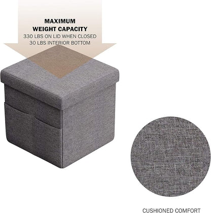 Set of 2 Ottomans with Storage Pockets - 15-Inch Folding Foot Rests or Storage Organizers for Bedroom, Living Room, or Dorm by Lavish Home (Gray)
