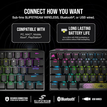 Corsair K70 PRO Mini Wireless RGB 60% (CH-9189010-NA) Mechanical Gaming Keyboard (Fastest Sub-1ms Wireless, Swappable Cherry MX Red Keyswitches) QWERTY, NA Layout - Black (Renewed)