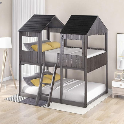 Ball & Cast Full Over Full Size Playhouse Bunk Bed with Roof and Window,Wood Bunkbed w/Full-Length Guard Rail & Ladder,Slat Support,Space Saving,Bedroom Furniture for Student Dorms,Antique Gray