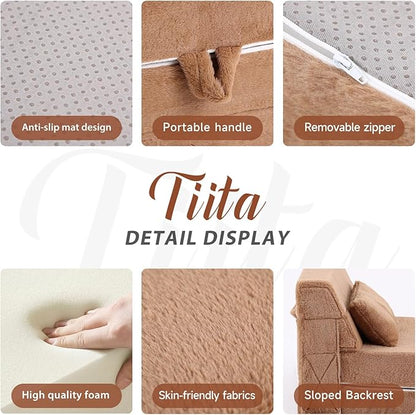 Tiita Convertible Folding Kids Sofa Bed with Pillow & Storage Bag, Plush Fabric Floor Mattress Couch Bed, Washable Cover, Kids Room, Playroom, Dorm, Apartment, Brown