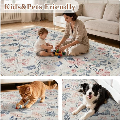 5x7 Area Rugs Washable Rug: Lagre Boho Living Room Rug Soft Non-Slip Thin Carpet Indoor Floor Non-Shedding Neutral Floral Carpets for Bedroom Dining Room Farmhouse Nursery Multi