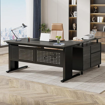 Tribesigns 63 Inch Executive Desk with File Cabinet, Large Office Desk L Shaped Computer Desk with Drawers and Storage Shelves, Business Furniture Desk Workstation for Home Office, Gray and Black