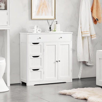 Yaheetech Bathroom Floor Cabinet, Large Storage Space Wooden Organizer with 1 Big Drawer, 3 Small Drawers & 2 Doors, Free-Standing Cupboard for Kitchen/Living Room/Bathroom Use, White