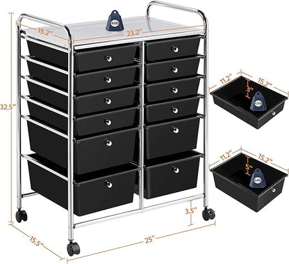 Yaheetech 12 Drawers Rolling Storage Cart Multipurpose Movable Organizer Cart Storage Bin Trolley Tools Scrapbook Paper Organizer on Wheels, Black
