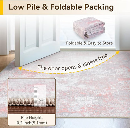 Washable Area Rugs Square 8ft Non-Slip Modern Abstract Soft for Living Room Entryway Bedroom Nursery, Print Pattern, Grey Pink