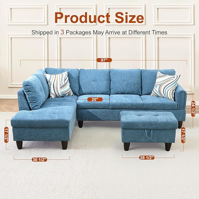 Osparple L Shaped Couch Sectional Couches for Living Room Upholstered Flannel 3 Pieces Modular Sectional Sofa with Chaise, Ottoman with Storage for Living Room and Small Apartment, Blue