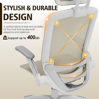 GABRYLLY Ergonomic Office Chair, High Back Home Desk Chair with Headrest, Flip-Up Arms, 90-120° Tilt Lock and Wide Cushion, 400LBS Mesh Chairs for Man Woman, White Task Chair(Beige,GY01WBG)