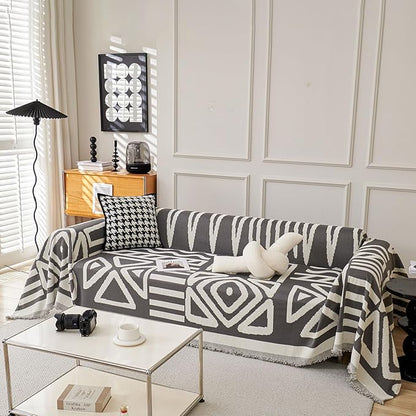 STACYPIK Dark Grey Chenille Couch Covers, Boho Sofa Covers for 2 Cushion Couch, Loveseat Couch for Sectional, Non Slip Couch Cover Tassels for L-Shaped, Multi-Use Jacquard Decorative Blanket-71X118IN