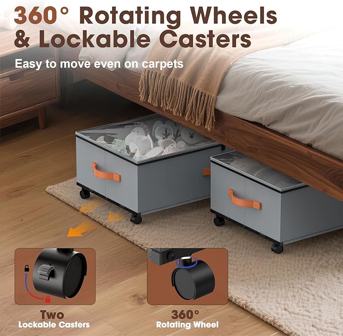 Under Bed Storage Containers with Wheels, 9.5 inches Higher Underbed Shoes Blankets Clothes Toy Storage Drawers for College Dorms Bedrooms Nursery Rooms Organization, 2 Pack to be Assembled