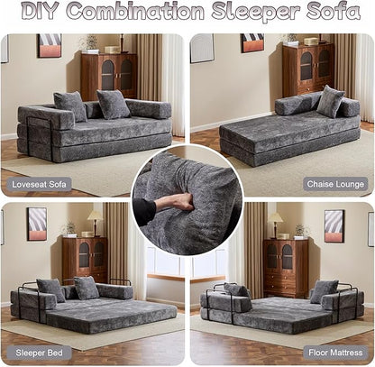 Convertible Sofa Bed, Compression Futon Sofa with Pillows & Armrest, Foldable Mattress Couch with Fixed-Shape Frame, Comfy Couch Lounge Sleeper Bed for Living Room Bedroom, Dark Gray