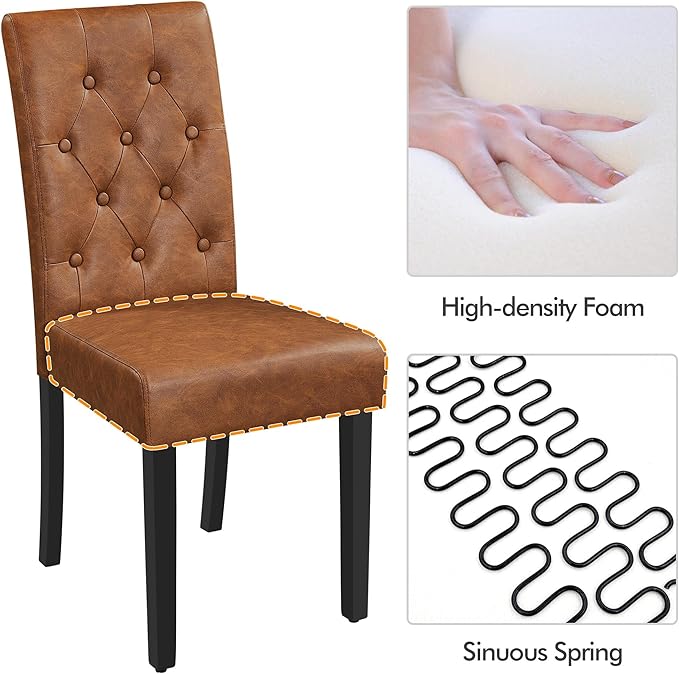 Yaheetech Dining Chairs Set of 4 Modern Style Faux Leather Dining Room Chairs with Solid Wood Legs and Button Tufted Padded for Home Kitchen, Retro Brown