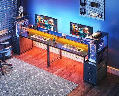 AODK 59 Inch Gaming Desk with USB Charging Ports & LED Light- Reversible Computer Desk with Storage Shelves & Monitor Stand, Modern Gamer Desk Table with Fabric Drawers & Side Hook, Carbon Fiber Black