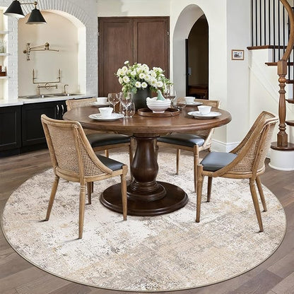 6x6 Washable Round Rug Beige Grey Neutral Abstract Living Room Bedroom Area Rug Non Slip Soft Low Pile Indoor Floor Carpet for Office Dining Room Kitchen Entryway