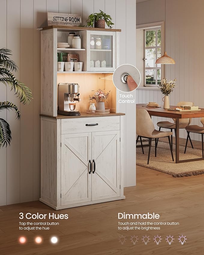 VASAGLE 71" Kitchen Pantry Cabinet with Lights and Charging Station, Coffee Bar Cabinet with Doors and Drawer, Farmhouse Style, Adjustable Shelves, Rustic White UBBK363W12