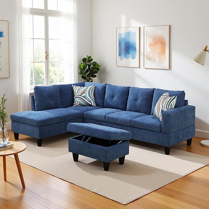 L Shaped Couch Modern Sectional Couch Upholstered Linen Fabric 3 Pieces Sofas for Living Room with Chaise, Storage Ottoman for Office and Small Apartment, Blue