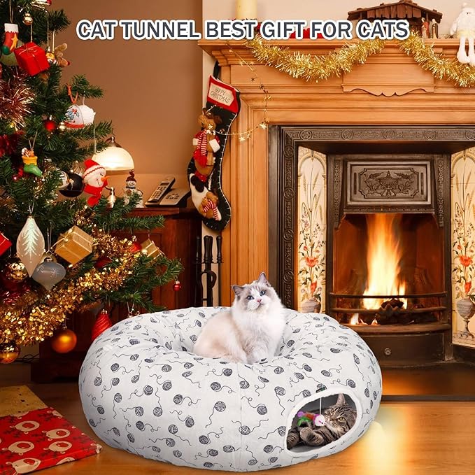 Ownpets Large Cat Tunnel, Soft Plush Cat Donut Tunnel Bed with Washable Cushion, Peekaboo Cat Tube for Indoor Kitten, Puppy, Rabbit, Gray