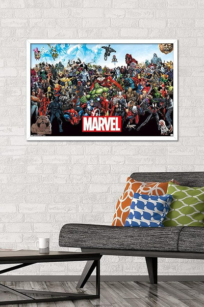 Marvel Comics The Marvel Lineup Wall Poster, 34L" x 22.4W", White Framed Version