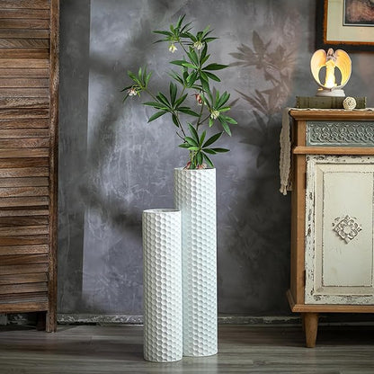 Sziqiqi White Tall Vases for Floor: 27.6/21.7in Metal Cylinder Handmade Flower Holder Extra Large Decorative Vase Set of 2 Modern Honeycomb Texture Big Standing Vase for Living Room Home Corner