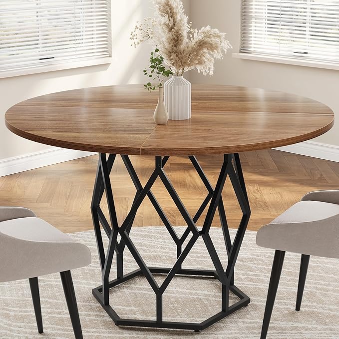 GarveeHome Round Dining Table for 4-6 People, 47 Inch Farmhouse Kitchen Table, Sturdy Metal Base, Industrial Wood Dinning Room Table for Kitchen, Brown