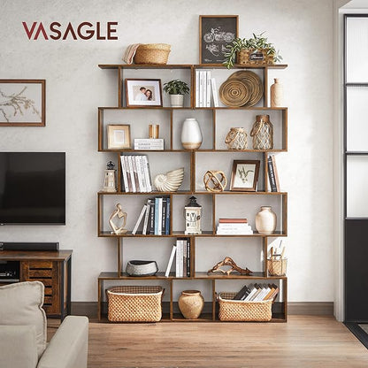 VASAGLE 6-Tier Bookshelf, Tall Display Shelf, Freestanding Storage Shelf, Rustic Brown ULBC61BX Tree-Shaped Bookcase with 13 Storage Shelves, 9.8”D x 33.9”W x 55.1”H, Rustic Brown ULBC67BXV1