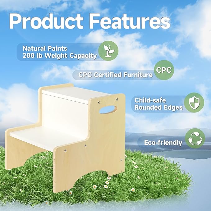 WOOD CITY Kids Step Stool for Toddler, Wooden Natural-White Patchwork Two Step Children's Stool with Handles, Bonus Non-Slip Pads for Safety, Bathroom Potty Stool & Kitchen Step Stools Dual Height