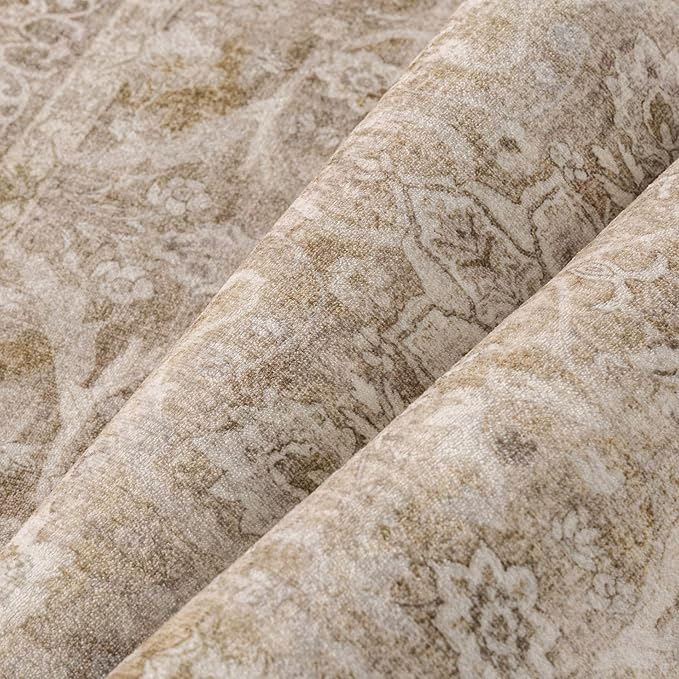 Brown 6x9 Area Rug Washable Vintage Living Room Carpet Bedroom Large Indoor Non Slip Soft Low Pile Thin Stain Resistant Distressed Accent Throw Rug for Dining Office Nursery
