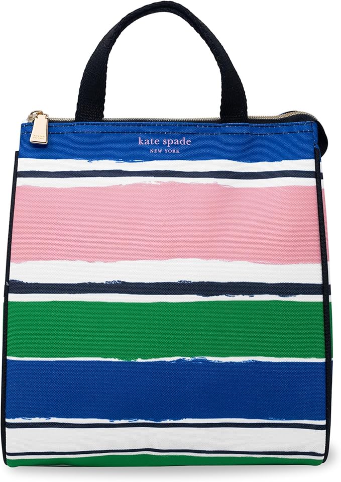 kate spade new york Cute Lunch Bag for Women, Large Capacity Lunch Tote, Adult Lunch Box with Silver Thermal Insulated Interior Lining and Storage Pocket, Ocean Stripe