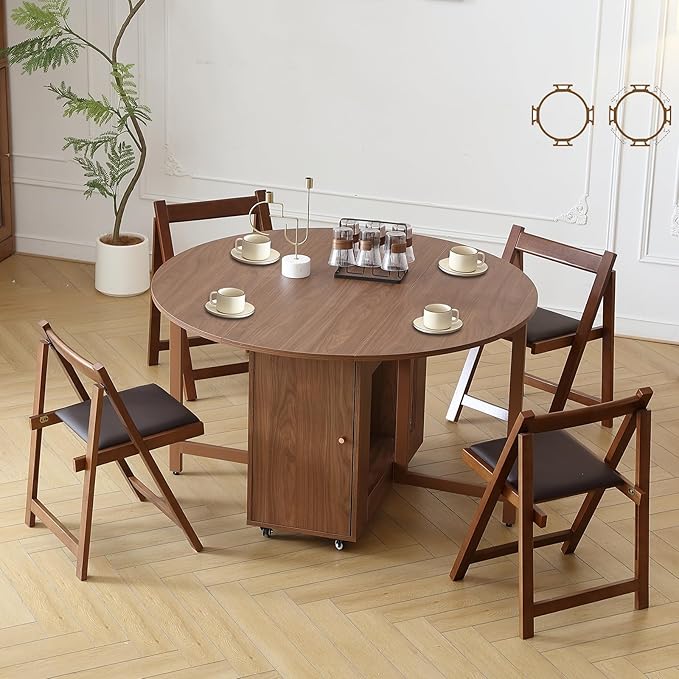 47.3" Round Folding Dining Table for 4-8, Wood Kitchen Foldable Table Large Drop Leaf Dinner Table with Storage Shelf Metal Legs for Home Dining Room Living Room in Walnut