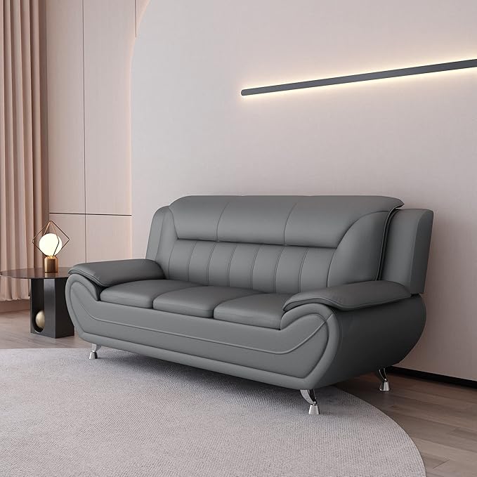 Container Furniture Direct Michael Modern Faux Leather Upholstered Stainless Steel Legs Living Room Sofa, Sleek Gray