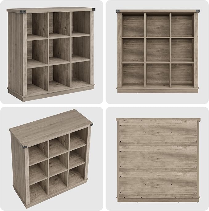 GarveeHome 9 Cube Storage Organizer Bookshelf, 4 Tier Farmhouse Horizontal Bookcase, 37.4 Inch Wood Storage Bookcase for Entryway, Long Low Bookshelves for Living Room-Grey