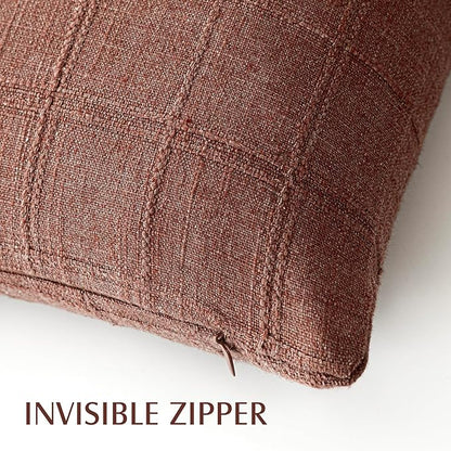 Foindtower Set of 2 Decorative Linen Check Throw Pillow Covers Neutral Farmhouse Vintage Cushion Covers Modern Boho Home Decor for Sofa Chair Couch Bedroom Living Room Outdoor,22×22 Inch,Autumnal Red